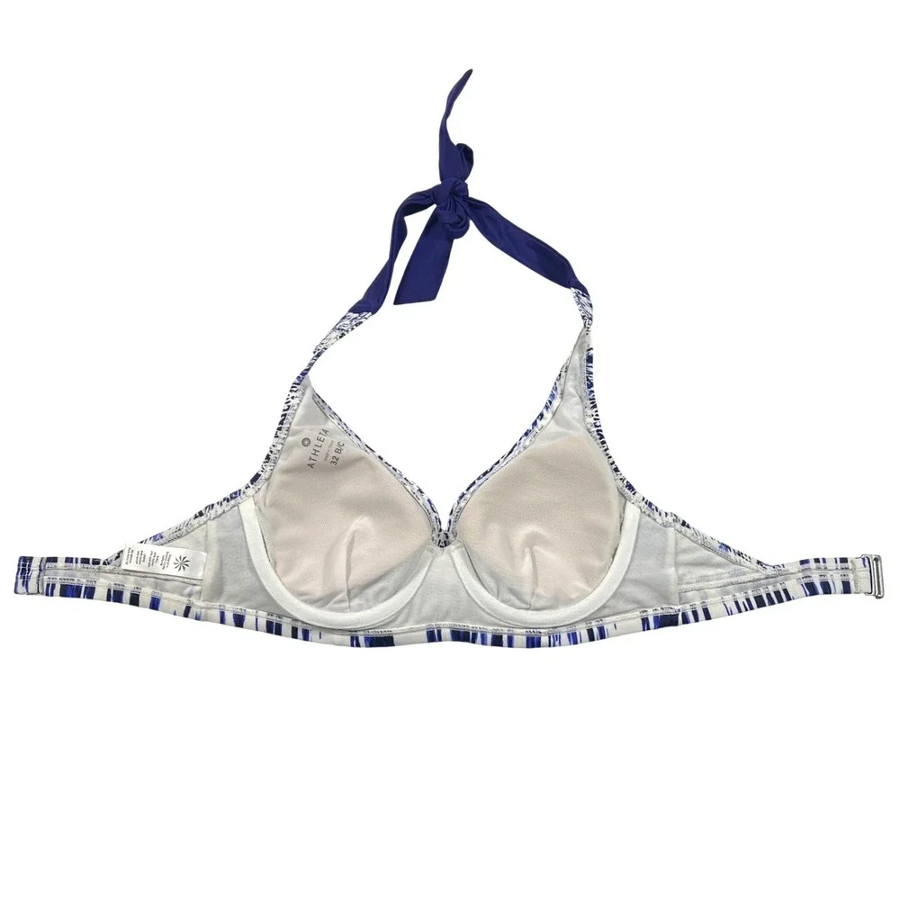 Athleta Blue White Ikat Halter Underwire Bikini Top 32 B/C‎ Beach Coastal Pool